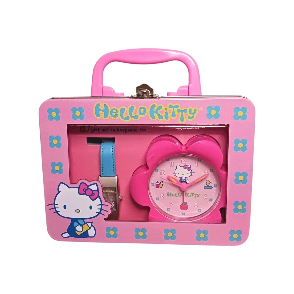 NEW 2003 Hello Kitty Wristwatch & Alarm Clock Gift Set + Keepsake Tin Sanrio Vtg